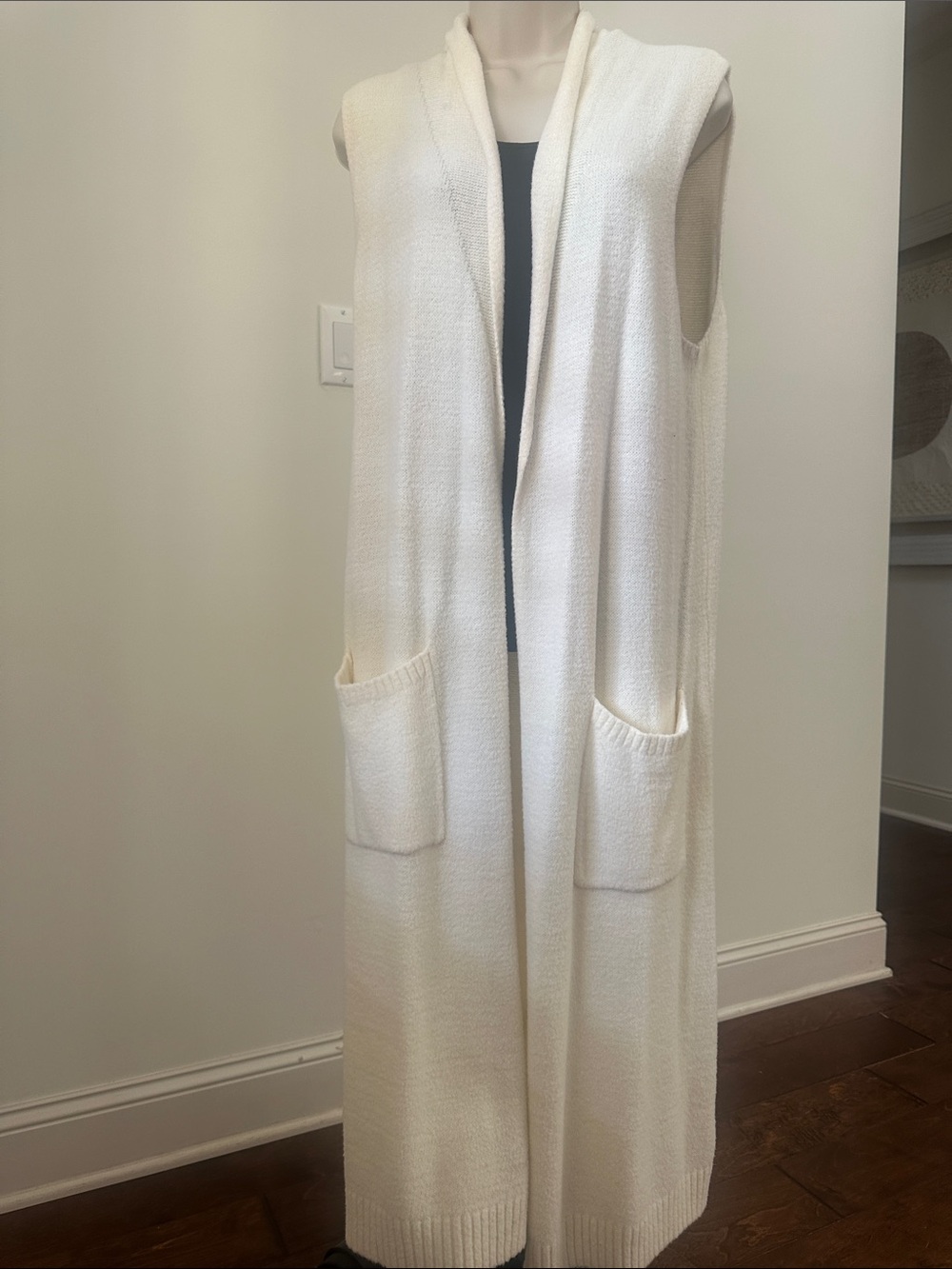Sleeveless Long Open-Front Cream Knit Vest with Pockets